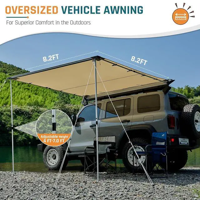 Alt view image 3 of 7 - Vehicle Awning 8.2'×8.2' Roof Rack Pull-Out Sun Shade UPF 50+ | Retractable Camper Awning with 420D Ripstop Oxford Fabric, PU1000mm Waterproof, Jeep/SUV/Truck/Van/Car Awning for Overlanding