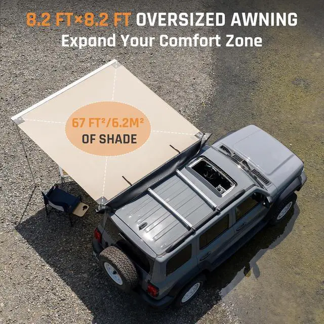Alt view image 2 of 7 - Vehicle Awning 8.2'×8.2' Roof Rack Pull-Out Sun Shade UPF 50+ | Retractable Camper Awning with 420D Ripstop Oxford Fabric, PU1000mm Waterproof, Jeep/SUV/Truck/Van/Car Awning for Overlanding
