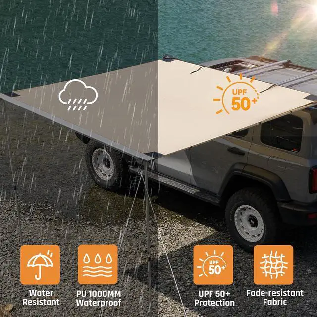 Alt view image 4 of 7 - Vehicle Awning 8.2'×8.2' Roof Rack Pull-Out Sun Shade UPF 50+ | Retractable Camper Awning with 420D Ripstop Oxford Fabric, PU1000mm Waterproof, Jeep/SUV/Truck/Van/Car Awning for Overlanding