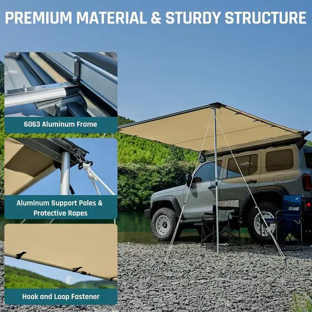 Alt view image 5 of 7 - Vehicle Awning 8.2'×8.2' Roof Rack Pull-Out Sun Shade UPF 50+ | Retractable Camper Awning with 420D Ripstop Oxford Fabric, PU1000mm Waterproof, Jeep/SUV/Truck/Van/Car Awning for Overlanding