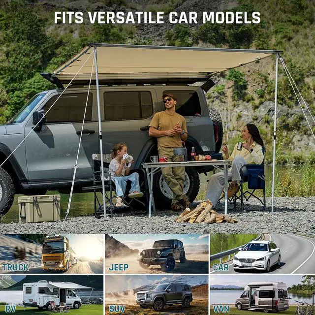 Alt view image 7 of 7 - Vehicle Awning 8.2'×8.2' Roof Rack Pull-Out Sun Shade UPF 50+ | Retractable Camper Awning with 420D Ripstop Oxford Fabric, PU1000mm Waterproof, Jeep/SUV/Truck/Van/Car Awning for Overlanding