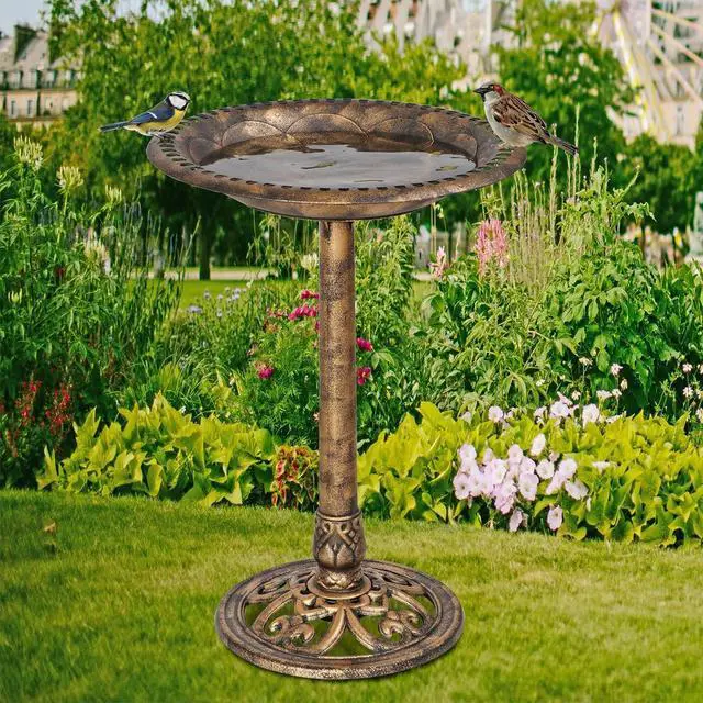 Alt view image 2 of 7 - 28 Inch Height Pedestal Bird Bath - Antique Green Resin Birdbath for Vintage Decoration in Outdoor Garden Courtyard