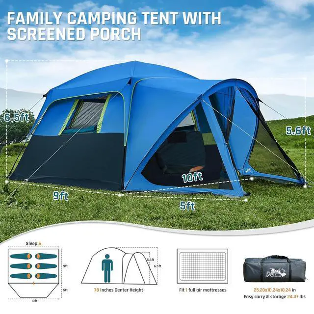 Alt view image 6 of 7 - 6/8/10 Person Tents for Camping Cabin Tent with Screen Porch | Weatherproof Family Tent with Rainfly & 5 Mesh Windows, Windproof Car Camping Tent with Carry Bag for Outdoor Camping Hiking