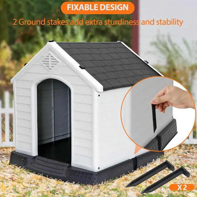 Alt view image 6 of 7 - Durable Waterproof Plastic Dog House for Small to Large Dogs, Indoor Doghouse Puppy Shelter with Air Vents and Elevated Floor, Outdoor Kennel for Yard, Patio, Garage, Easy to Assemble