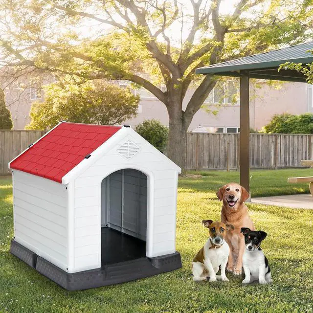 Alt view image 3 of 7 - Large Plastic Dog House Indoor Outdoor Doghouse Dog Kennel Easy to Assemble Puppy Shelter with Air Vents Elevated Floor Waterproof Red