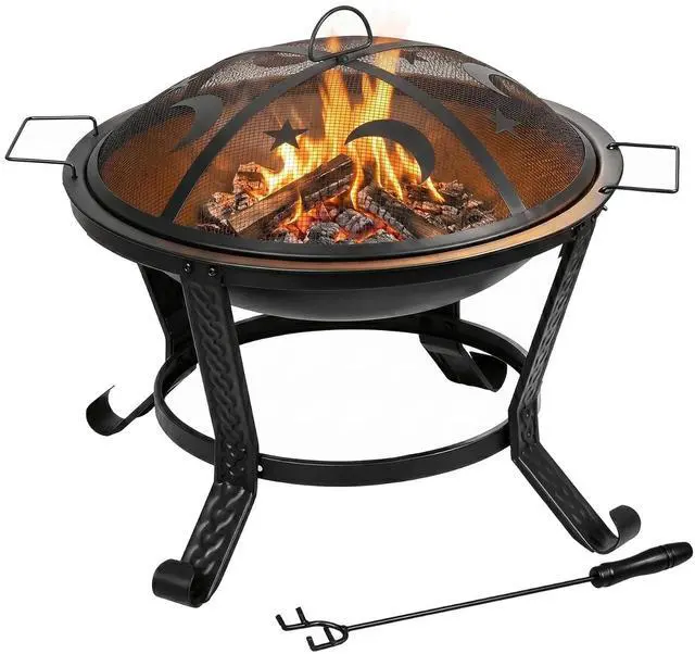 Main image of 22Inches Fire Pit Outdoor Steel Wood Burning BBQ Grill Firepit Bowl Fireplace with Mesh Screen & Fire Poker, Log Grate