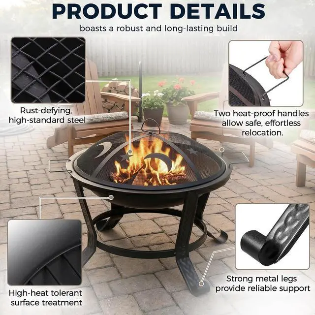 Alt view image 2 of 7 - 22Inches Fire Pit Outdoor Steel Wood Burning BBQ Grill Firepit Bowl Fireplace with Mesh Screen & Fire Poker, Log Grate