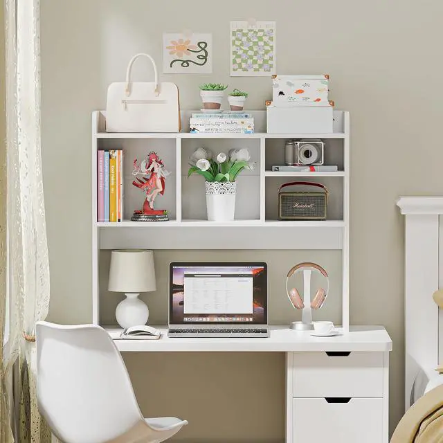 Alt view image 5 of 7 - Wooden Desktop Bookshelf with 6 Shelves3-Tier Desk Organizer Hutch for Computer Desk, Home or Office (White)