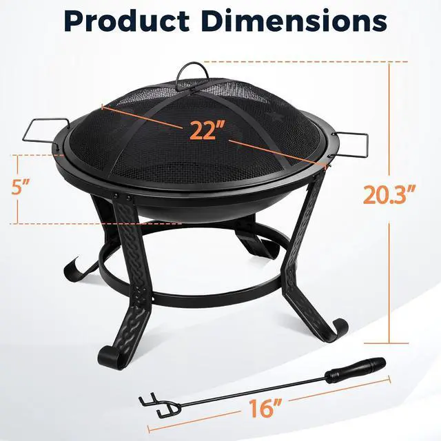Alt view image 4 of 7 - 22Inches Fire Pit Outdoor Steel Wood Burning BBQ Grill Firepit Bowl Fireplace with Mesh Screen & Fire Poker, Log Grate