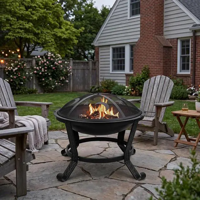 Alt view image 3 of 7 - 22Inches Fire Pit Outdoor Steel Wood Burning BBQ Grill Firepit Bowl Fireplace with Mesh Screen & Fire Poker, Log Grate