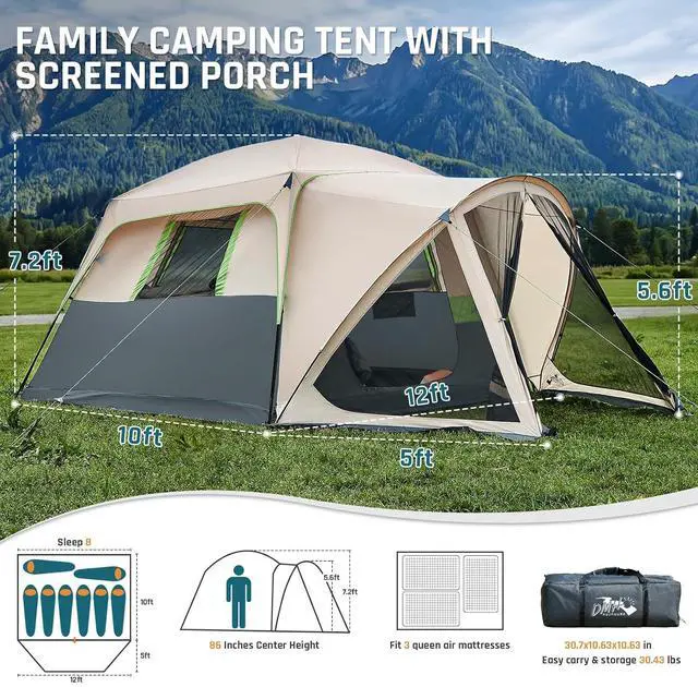 Alt view image 2 of 7 - 6/8/10 Person Tents for Camping Cabin Tent with Screen Porch | Weatherproof Family Tent with Rainfly & 5 Mesh Windows, Windproof Car Camping Tent with Carry Bag for Outdoor Camping Hiking