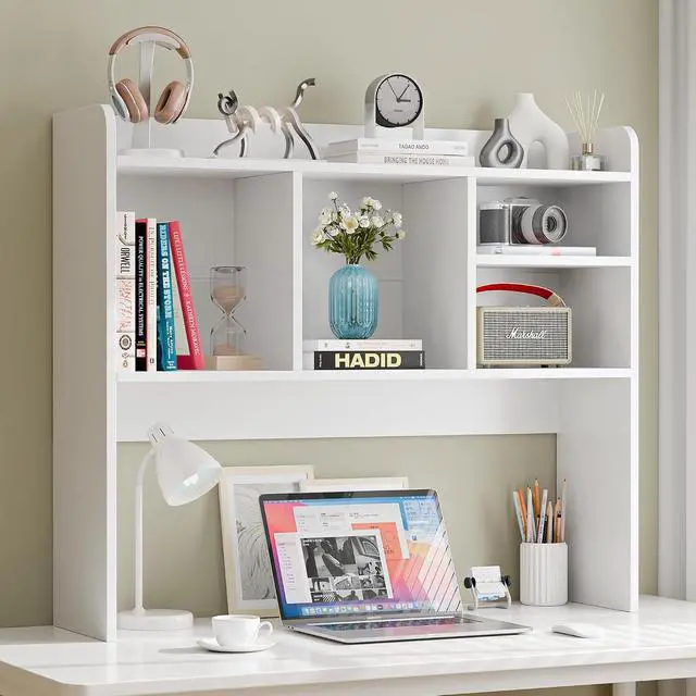 Alt view image 7 of 7 - Wooden Desktop Bookshelf with 6 Shelves3-Tier Desk Organizer Hutch for Computer Desk, Home or Office (White)