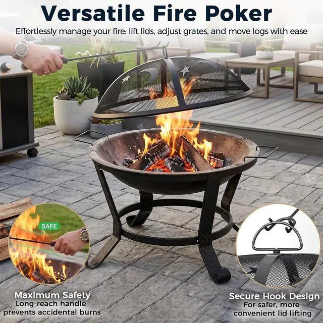 Alt view image 6 of 7 - 22Inches Fire Pit Outdoor Steel Wood Burning BBQ Grill Firepit Bowl Fireplace with Mesh Screen & Fire Poker, Log Grate