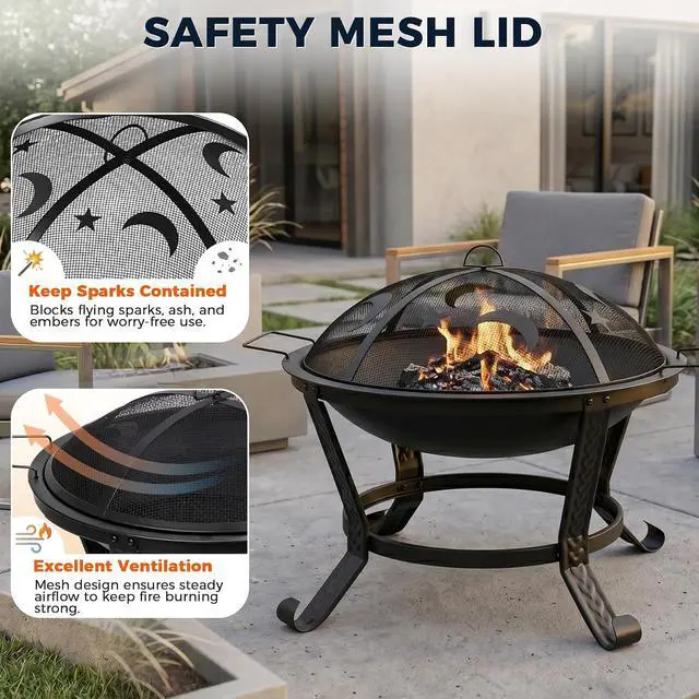 Alt view image 5 of 7 - 22Inches Fire Pit Outdoor Steel Wood Burning BBQ Grill Firepit Bowl Fireplace with Mesh Screen & Fire Poker, Log Grate