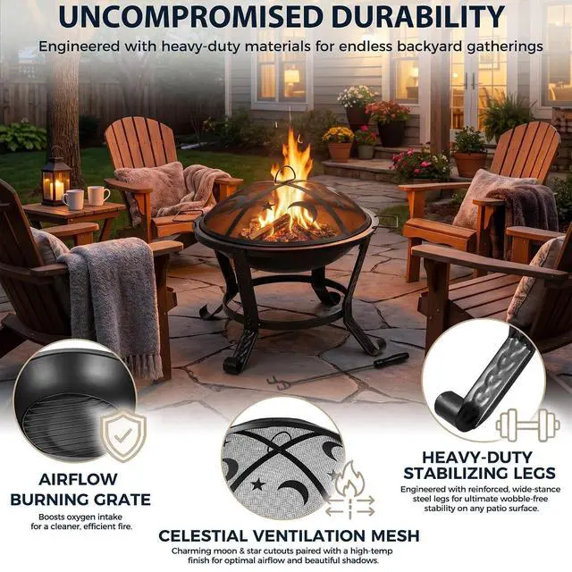 Alt view image 7 of 7 - 22Inches Fire Pit Outdoor Steel Wood Burning BBQ Grill Firepit Bowl Fireplace with Mesh Screen & Fire Poker, Log Grate