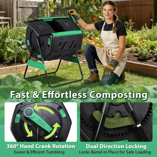 Alt view image 2 of 7 - 53 Gal Dual Chamber Compost Tumbler Outdoor - BPA-Free Rotating Composter with 8 Adjustable Vents, 2 Sliding Doors & Metal Frame - Fast Composting Bin for Kitchen Scraps, Garden & Yard Waste
