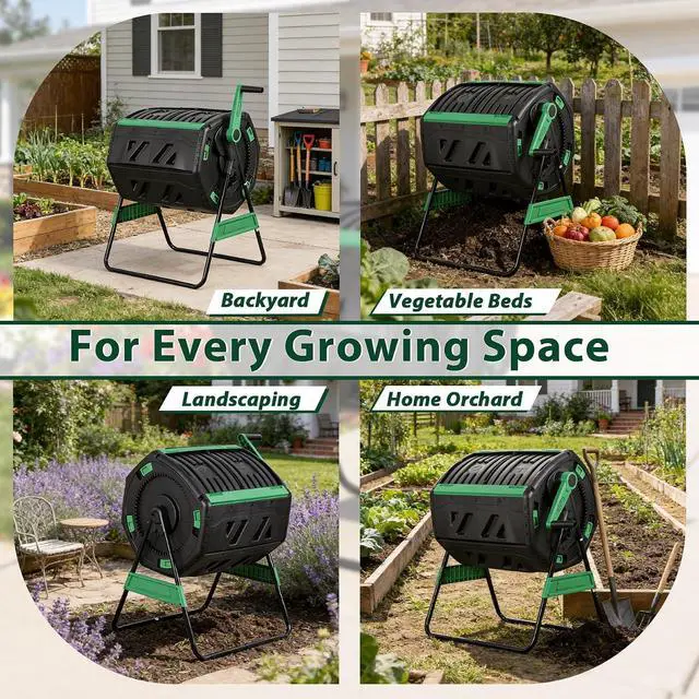 Alt view image 3 of 7 - 53 Gal Dual Chamber Compost Tumbler Outdoor - BPA-Free Rotating Composter with 8 Adjustable Vents, 2 Sliding Doors & Metal Frame - Fast Composting Bin for Kitchen Scraps, Garden & Yard Waste
