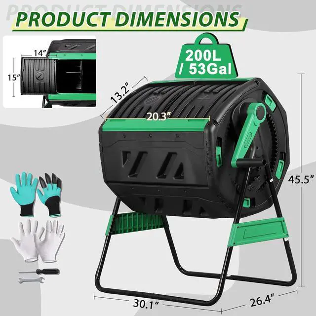 Alt view image 6 of 7 - 53 Gal Dual Chamber Compost Tumbler Outdoor - BPA-Free Rotating Composter with 8 Adjustable Vents, 2 Sliding Doors & Metal Frame - Fast Composting Bin for Kitchen Scraps, Garden & Yard Waste