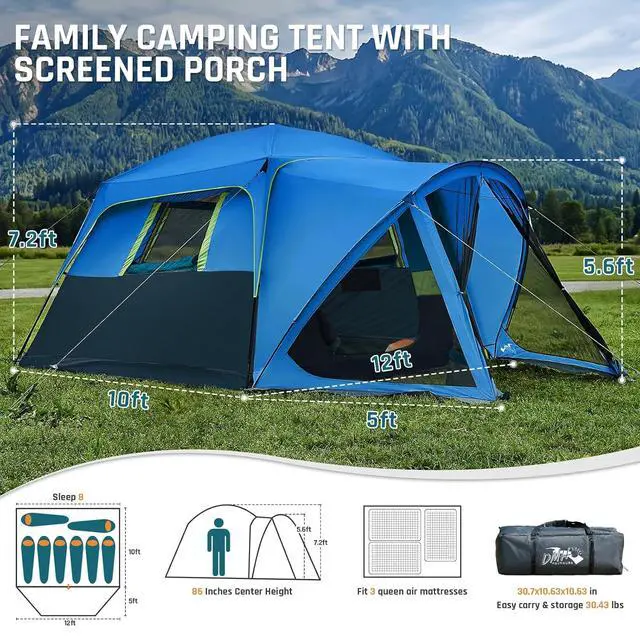 Alt view image 2 of 7 - 6/8/10 Person Tents for Camping Cabin Tent with Screen Porch | Weatherproof Family Tent with Rainfly & 5 Mesh Windows, Windproof Car Camping Tent with Carry Bag for Outdoor Camping Hiking