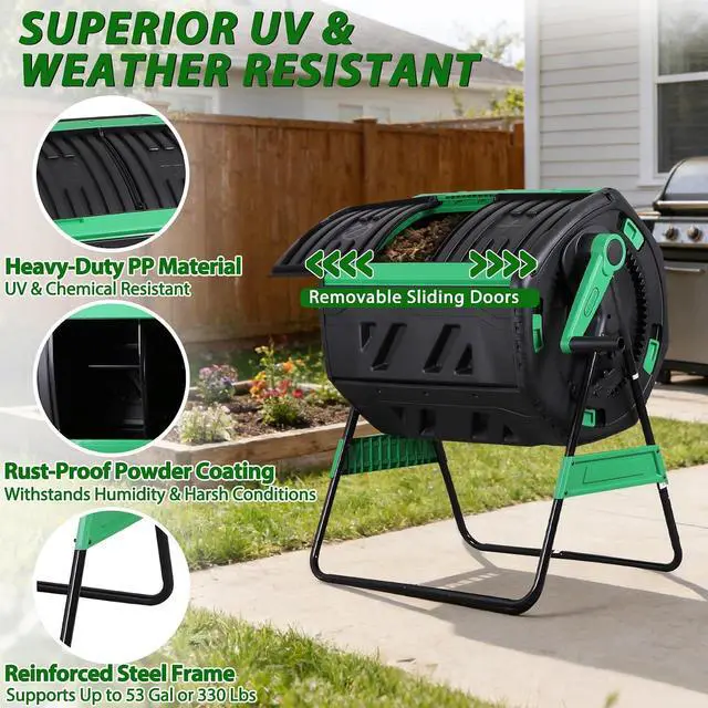 Alt view image 7 of 7 - 53 Gal Dual Chamber Compost Tumbler Outdoor - BPA-Free Rotating Composter with 8 Adjustable Vents, 2 Sliding Doors & Metal Frame - Fast Composting Bin for Kitchen Scraps, Garden & Yard Waste