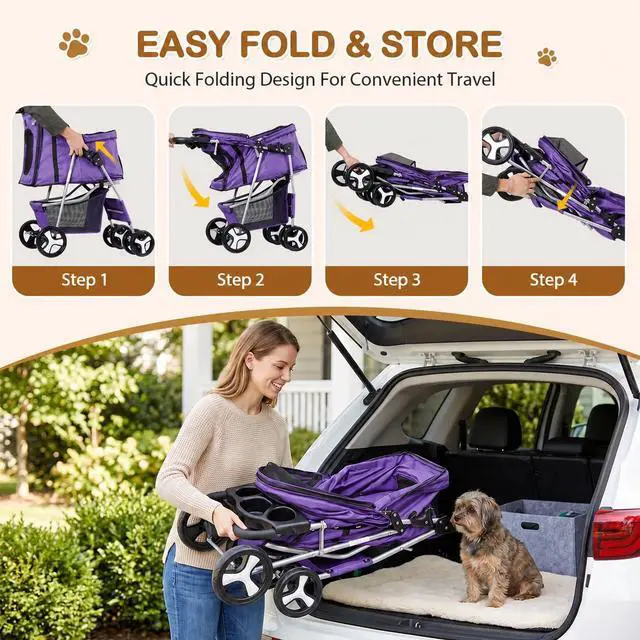 Alt view image 3 of 7 - Pet Stroller 4 Wheels Dog Cat Stroller for Small Medium Dog Cats Carrier Jogger Travel Foldable Puppy with Storage Basket and Cup Holder (Purple)
