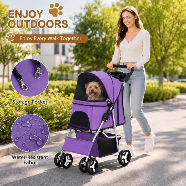Alt view image 2 of 7 - Pet Stroller 4 Wheels Dog Cat Stroller for Small Medium Dog Cats Carrier Jogger Travel Foldable Puppy with Storage Basket and Cup Holder (Purple)