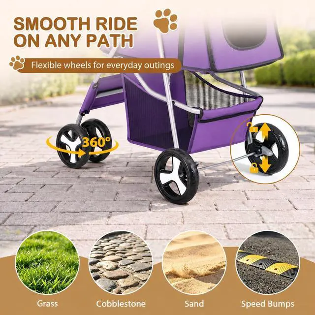 Alt view image 4 of 7 - Pet Stroller 4 Wheels Dog Cat Stroller for Small Medium Dog Cats Carrier Jogger Travel Foldable Puppy with Storage Basket and Cup Holder (Purple)