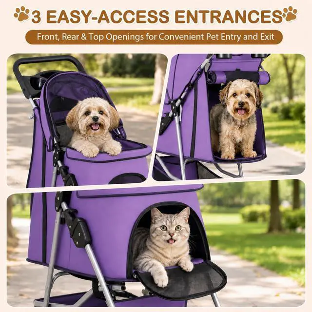 Alt view image 5 of 7 - Pet Stroller 4 Wheels Dog Cat Stroller for Small Medium Dog Cats Carrier Jogger Travel Foldable Puppy with Storage Basket and Cup Holder (Purple)