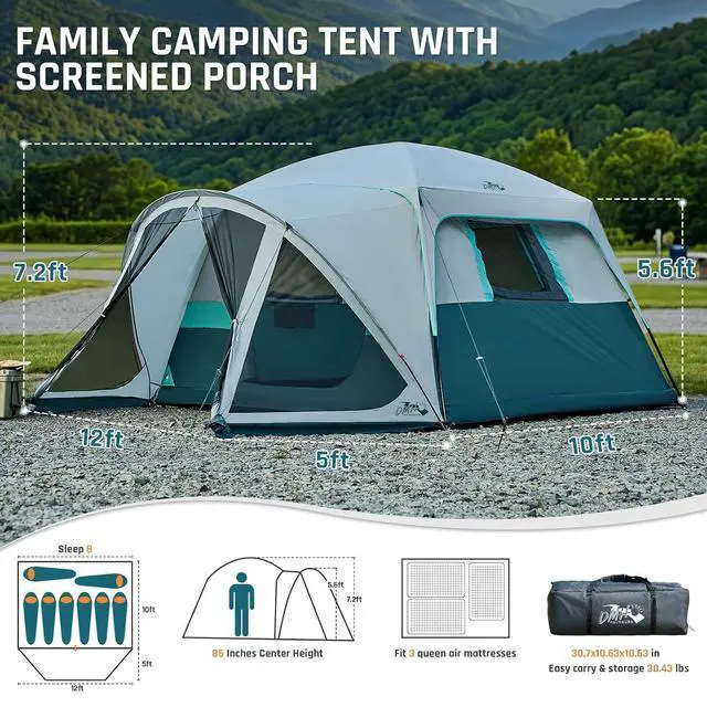Alt view image 2 of 7 - 6/8/10 Person Tents for Camping Cabin Tent with Screen Porch | Weatherproof Family Tent with Rainfly & 5 Mesh Windows, Windproof Car Camping Tent with Carry Bag for Outdoor Camping Hiking