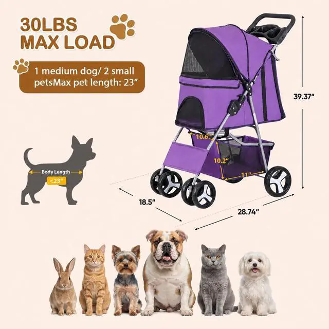 Alt view image 6 of 7 - Pet Stroller 4 Wheels Dog Cat Stroller for Small Medium Dog Cats Carrier Jogger Travel Foldable Puppy with Storage Basket and Cup Holder (Purple)