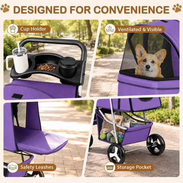 Alt view image 7 of 7 - Pet Stroller 4 Wheels Dog Cat Stroller for Small Medium Dog Cats Carrier Jogger Travel Foldable Puppy with Storage Basket and Cup Holder (Purple)