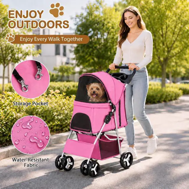 Alt view image 2 of 7 - Pet Stroller 4 Wheels Dog Cat Stroller for Small Medium Dog Cats Carrier Jogger Travel Foldable Puppy with Storage Basket and Cup Holder (Pink)