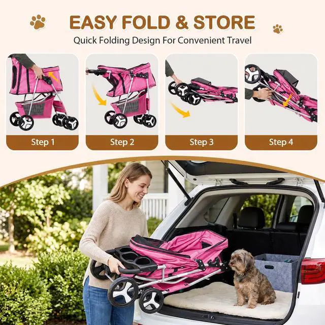 Alt view image 4 of 7 - Pet Stroller 4 Wheels Dog Cat Stroller for Small Medium Dog Cats Carrier Jogger Travel Foldable Puppy with Storage Basket and Cup Holder (Pink)