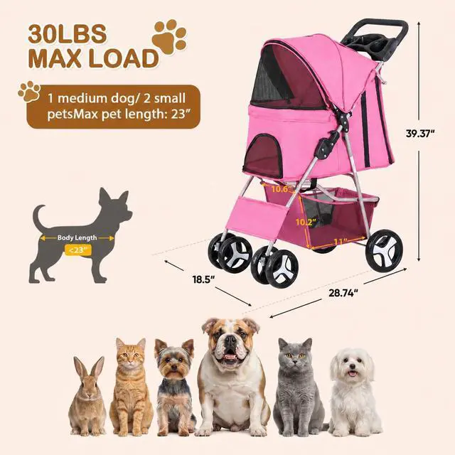 Alt view image 3 of 7 - Pet Stroller 4 Wheels Dog Cat Stroller for Small Medium Dog Cats Carrier Jogger Travel Foldable Puppy with Storage Basket and Cup Holder (Pink)