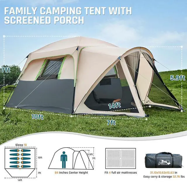 Alt view image 2 of 7 - 6/8/10 Person Tents for Camping Cabin Tent with Screen Porch | Weatherproof Family Tent with Rainfly & 5 Mesh Windows, Windproof Car Camping Tent with Carry Bag for Outdoor Camping Hiking