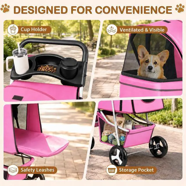 Alt view image 7 of 7 - Pet Stroller 4 Wheels Dog Cat Stroller for Small Medium Dog Cats Carrier Jogger Travel Foldable Puppy with Storage Basket and Cup Holder (Pink)