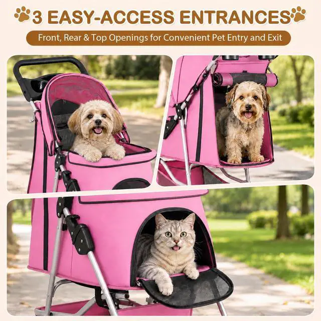 Alt view image 6 of 7 - Pet Stroller 4 Wheels Dog Cat Stroller for Small Medium Dog Cats Carrier Jogger Travel Foldable Puppy with Storage Basket and Cup Holder (Pink)