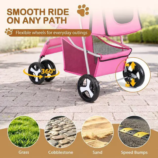 Alt view image 5 of 7 - Pet Stroller 4 Wheels Dog Cat Stroller for Small Medium Dog Cats Carrier Jogger Travel Foldable Puppy with Storage Basket and Cup Holder (Pink)