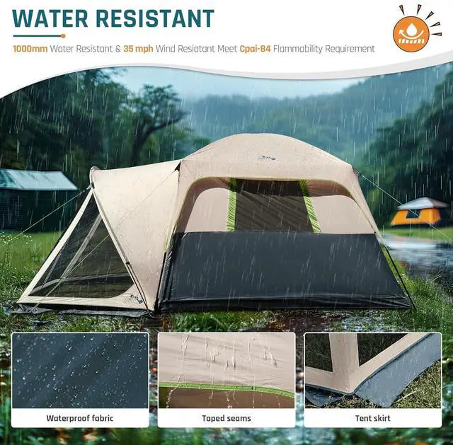 Alt view image 7 of 7 - 6/8/10 Person Tents for Camping Cabin Tent with Screen Porch | Weatherproof Family Tent with Rainfly & 5 Mesh Windows, Windproof Car Camping Tent with Carry Bag for Outdoor Camping Hiking
