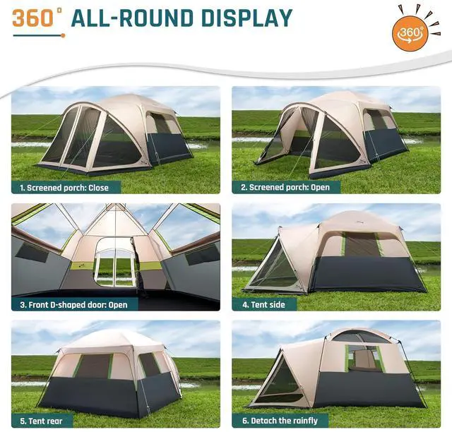 Alt view image 4 of 7 - 6/8/10 Person Tents for Camping Cabin Tent with Screen Porch | Weatherproof Family Tent with Rainfly & 5 Mesh Windows, Windproof Car Camping Tent with Carry Bag for Outdoor Camping Hiking