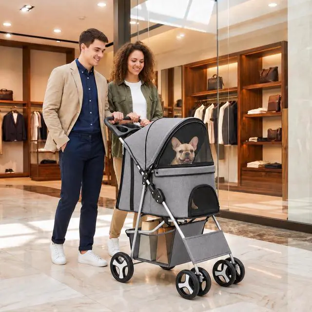 Alt view image 2 of 7 - Pet Stroller 4 Wheels Dog Cat Stroller for Small Medium Dog Cats Carrier Jogger Travel Foldable Puppy with Storage Basket and Cup Holder (Grey)