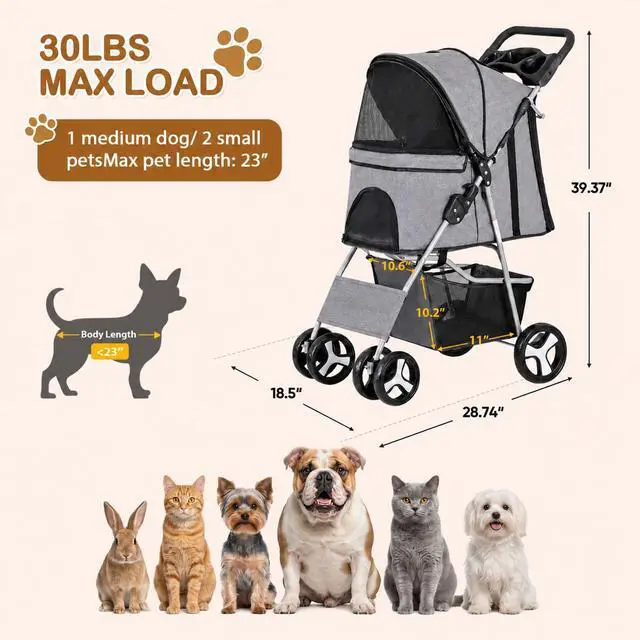 Alt view image 3 of 7 - Pet Stroller 4 Wheels Dog Cat Stroller for Small Medium Dog Cats Carrier Jogger Travel Foldable Puppy with Storage Basket and Cup Holder (Grey)