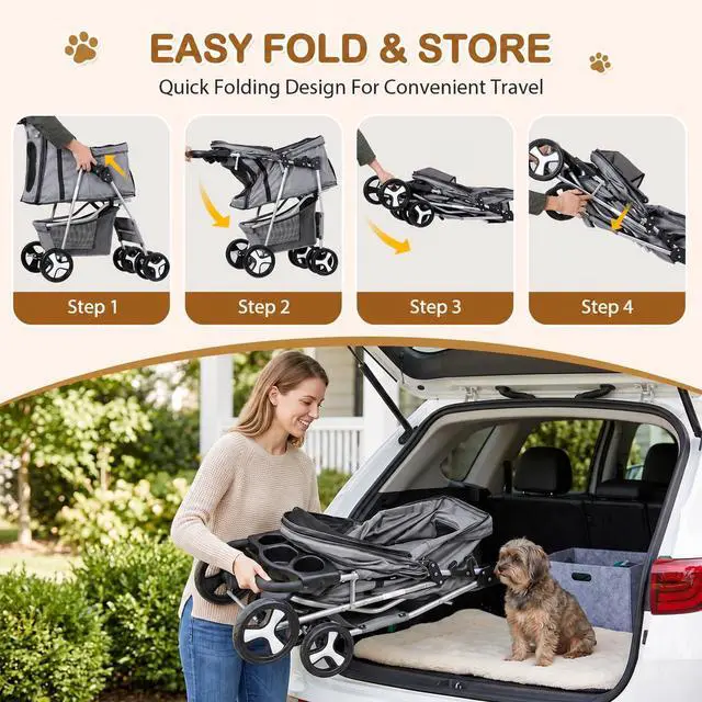 Alt view image 4 of 7 - Pet Stroller 4 Wheels Dog Cat Stroller for Small Medium Dog Cats Carrier Jogger Travel Foldable Puppy with Storage Basket and Cup Holder (Grey)