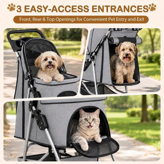 Alt view image 6 of 7 - Pet Stroller 4 Wheels Dog Cat Stroller for Small Medium Dog Cats Carrier Jogger Travel Foldable Puppy with Storage Basket and Cup Holder (Grey)