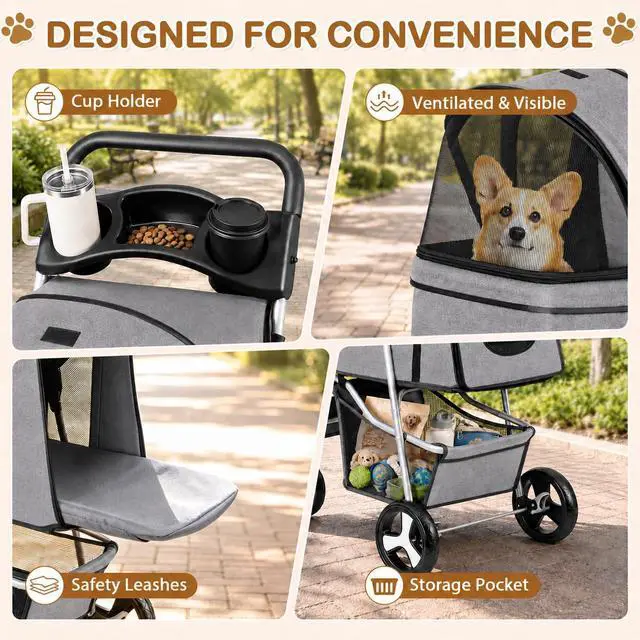 Alt view image 7 of 7 - Pet Stroller 4 Wheels Dog Cat Stroller for Small Medium Dog Cats Carrier Jogger Travel Foldable Puppy with Storage Basket and Cup Holder (Grey)