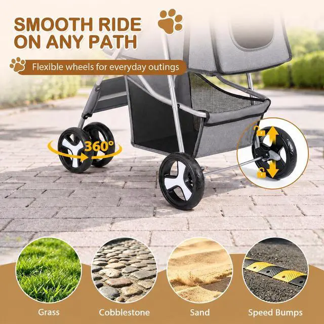 Alt view image 5 of 7 - Pet Stroller 4 Wheels Dog Cat Stroller for Small Medium Dog Cats Carrier Jogger Travel Foldable Puppy with Storage Basket and Cup Holder (Grey)