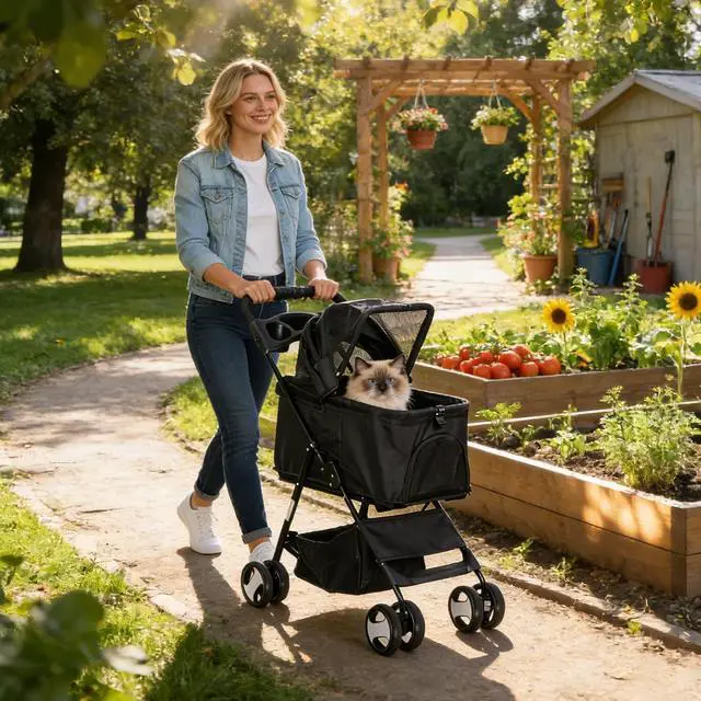 Alt view image 2 of 7 - Pet Stroller 4 Wheels Dog Cat Stroller for Small Medium Dog Cats Carrier Jogger Travel Foldable Puppy with Detachable Carrier