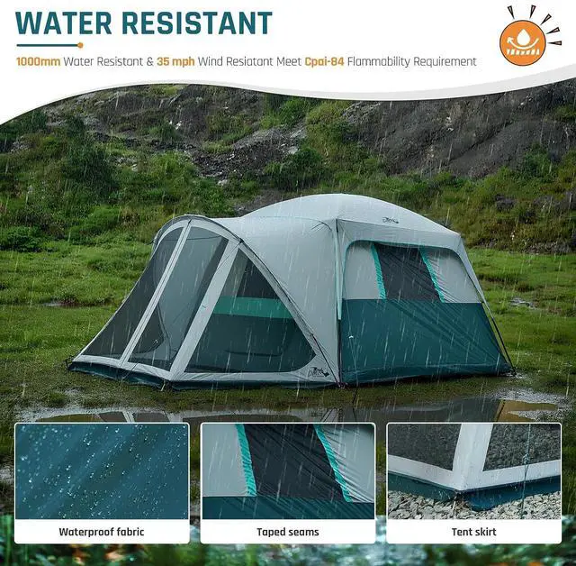 Alt view image 7 of 7 - 6/8/10 Person Tents for Camping Cabin Tent with Screen Porch | Weatherproof Family Tent with Rainfly & 5 Mesh Windows, Windproof Car Camping Tent with Carry Bag for Outdoor Camping Hiking