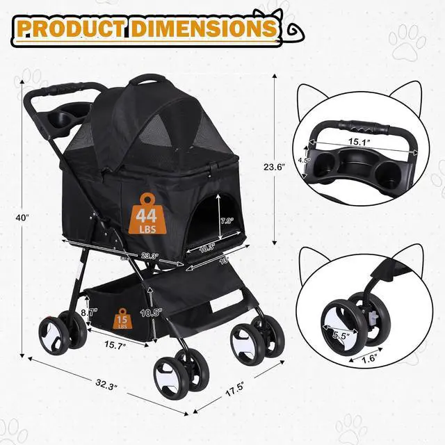 Alt view image 3 of 7 - Pet Stroller 4 Wheels Dog Cat Stroller for Small Medium Dog Cats Carrier Jogger Travel Foldable Puppy with Detachable Carrier