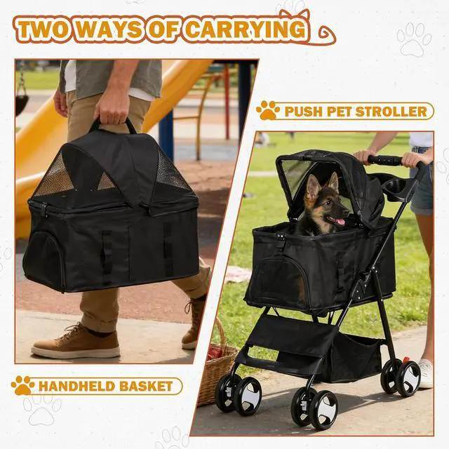 Alt view image 4 of 7 - Pet Stroller 4 Wheels Dog Cat Stroller for Small Medium Dog Cats Carrier Jogger Travel Foldable Puppy with Detachable Carrier